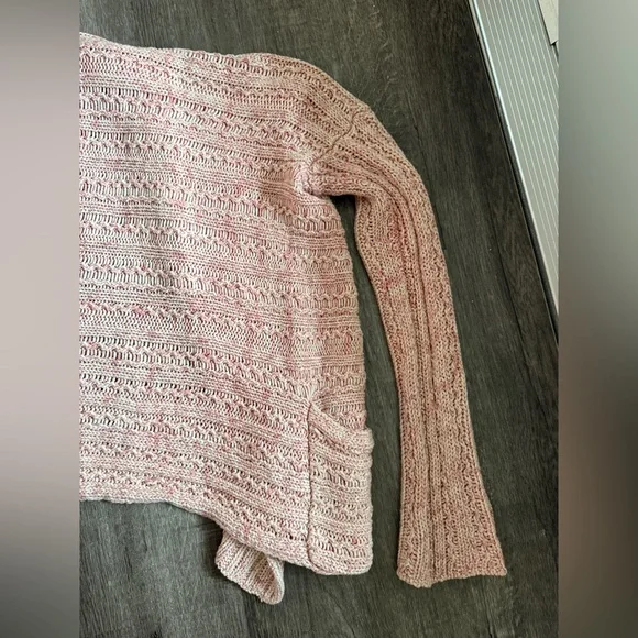 Free People Open Front Knit Cardigan Sweater Size M Pink Cream Boho Casual - Picture 9 of 9